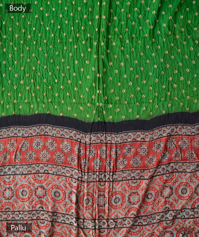 Ajrakh Bandhini Cotton hand block printed saree