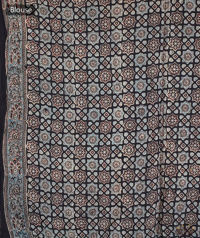 Ajrakh Bandhini Cotton hand block printed saree