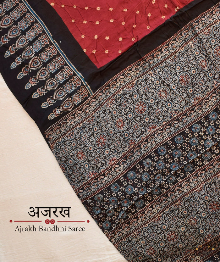 AJRAKH BANDHINI HAND BLOCK PRINTED SILK SAREE
