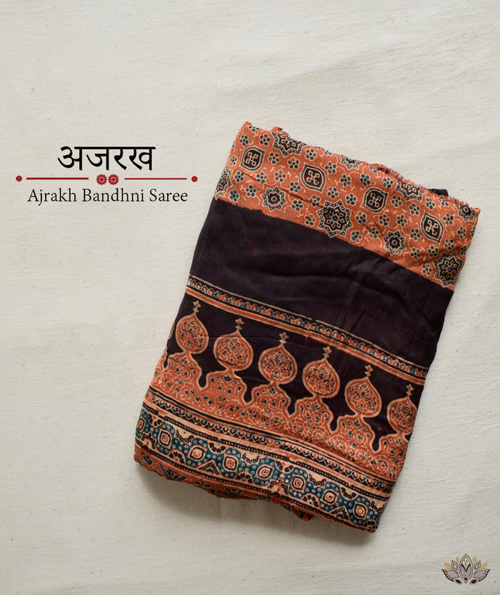 AJRAKH BANDHINI HAND BLOCK PRINTED SILK SAREE