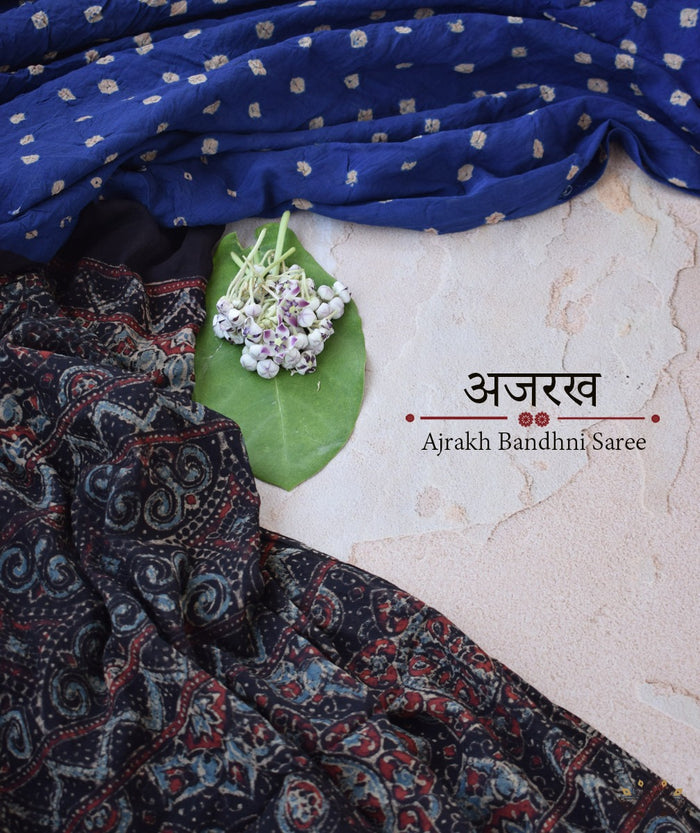 Ajrakh cotton Bandhani hand block printed saree