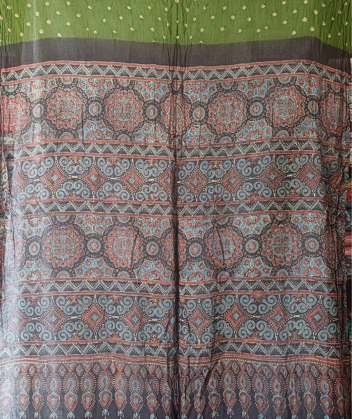 Ajrakh cotton bandhani hand block printed saree