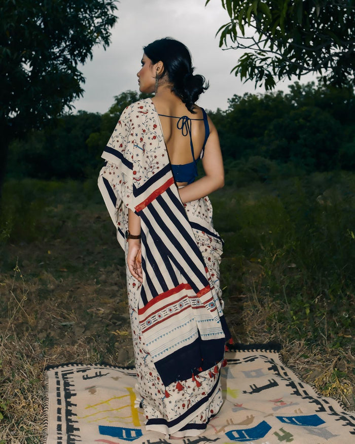 Ajrakh Cotton hand block printed saree