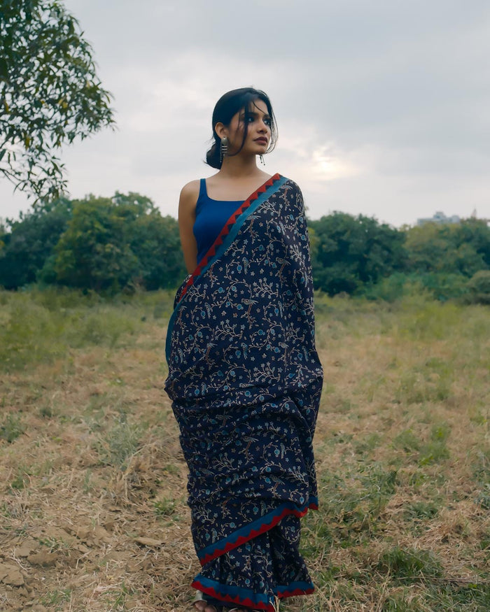 Ajrakh Cotton hand block printed saree