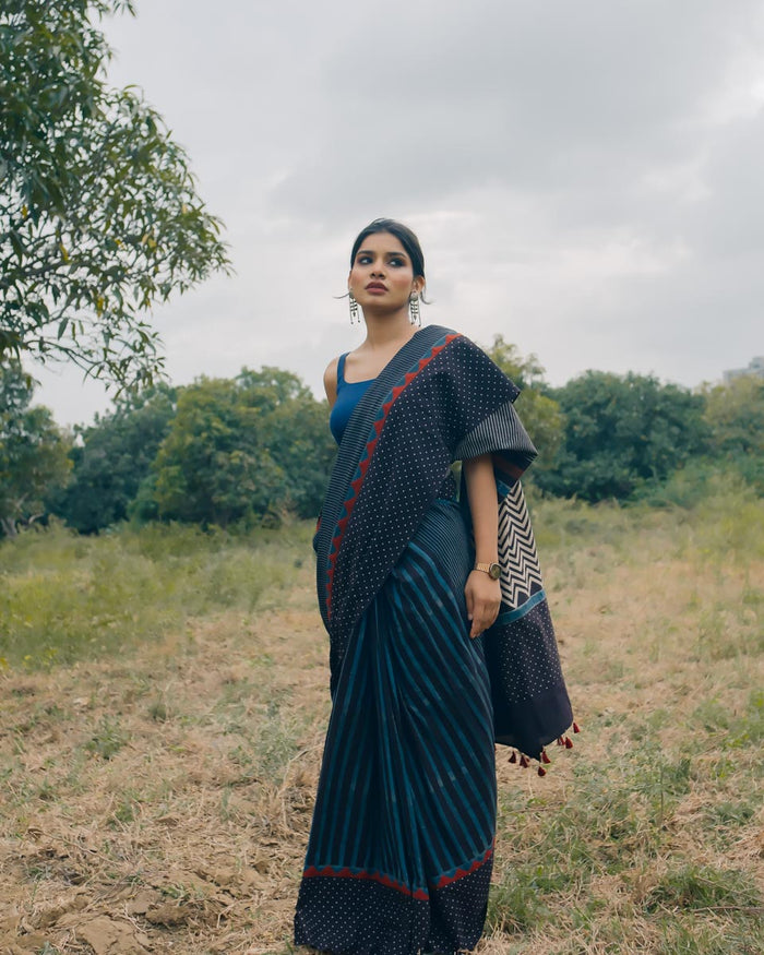 Ajrakh Cotton hand block printed saree