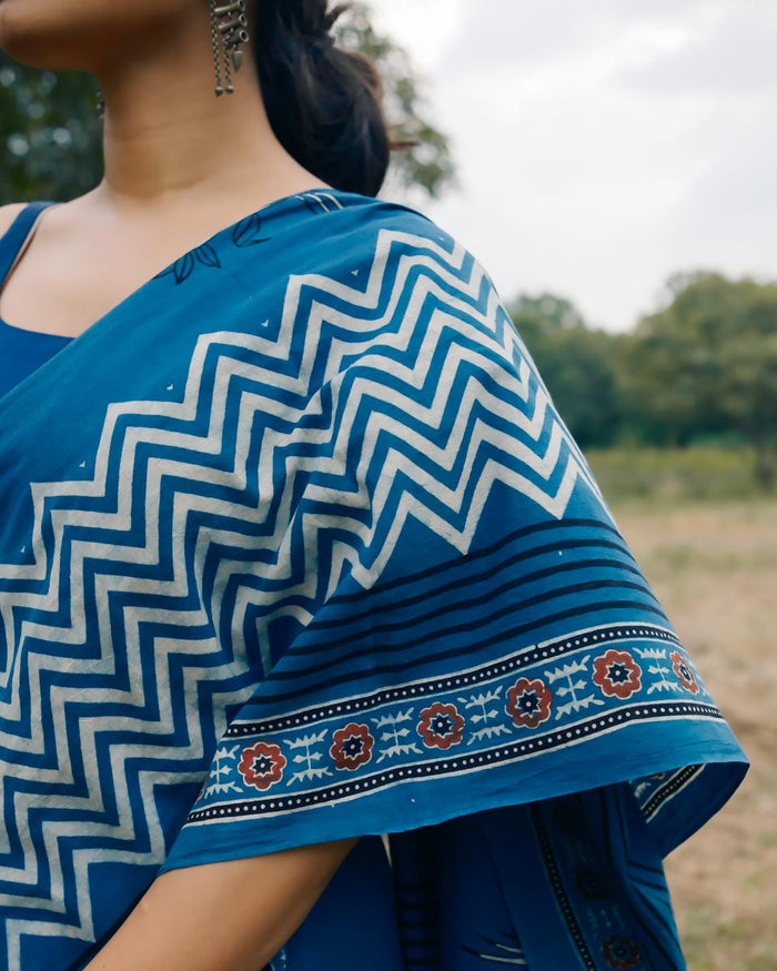 Ajrakh Cotton hand block printed saree