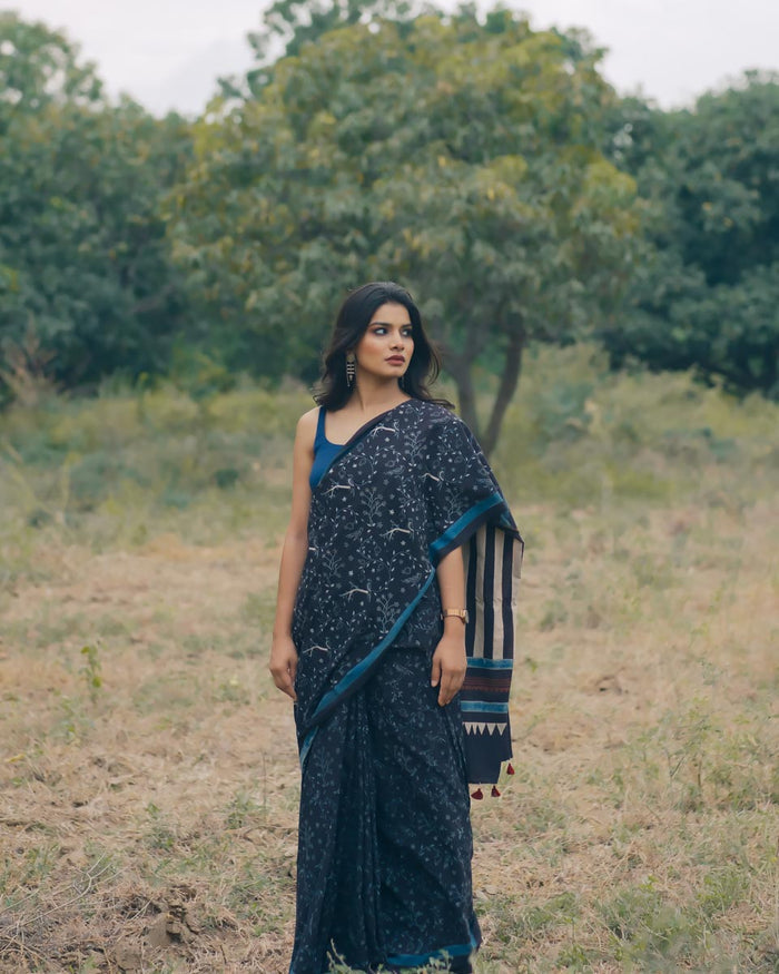 Ajrakh Cotton hand block printed saree