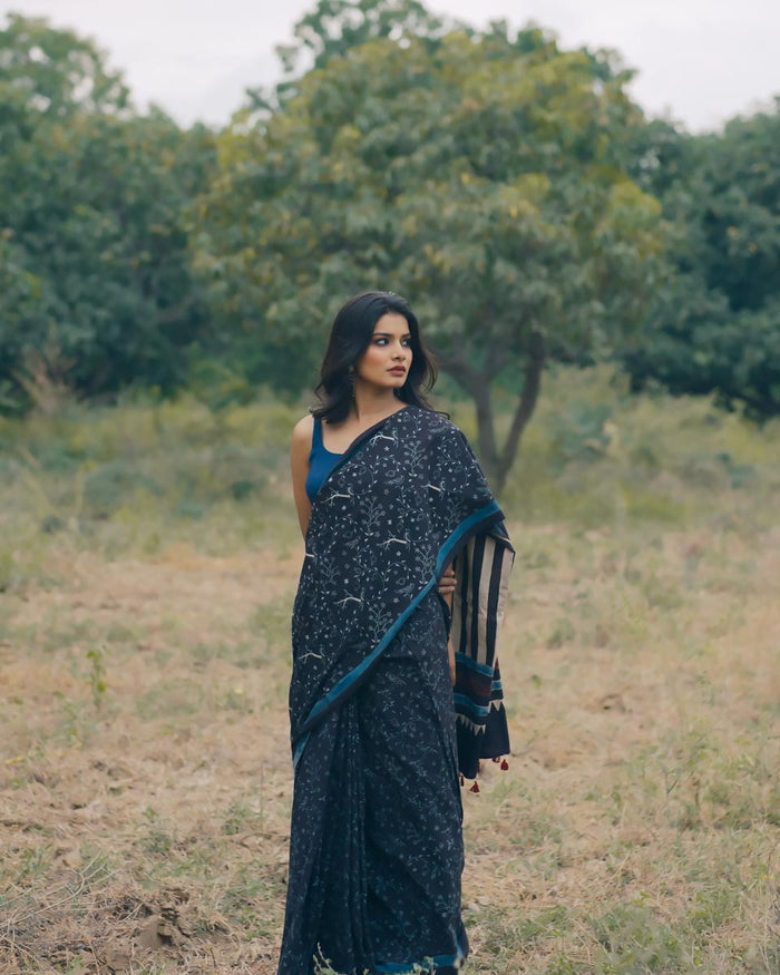 Ajrakh Cotton hand block printed saree
