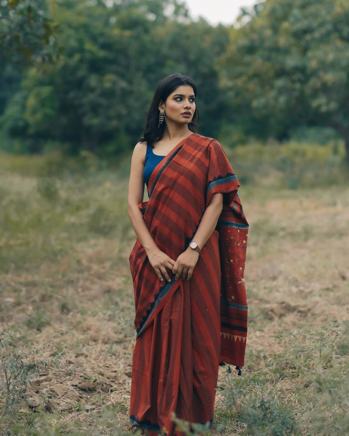 Ajrakh Cotton hand block printed saree