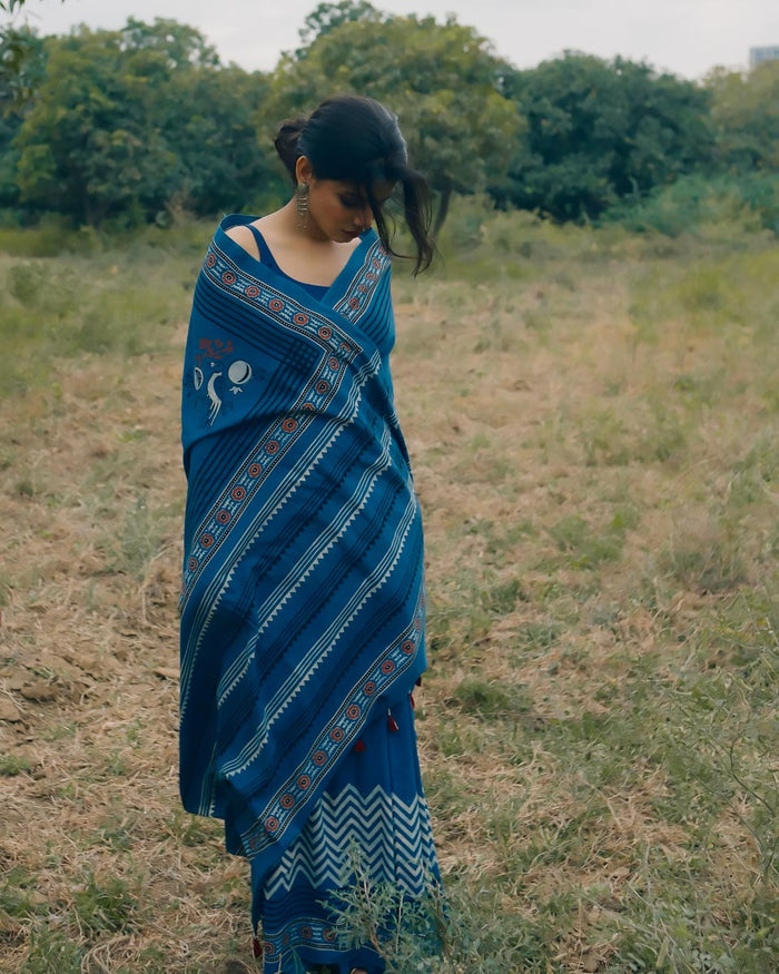 Ajrakh Cotton hand block printed saree