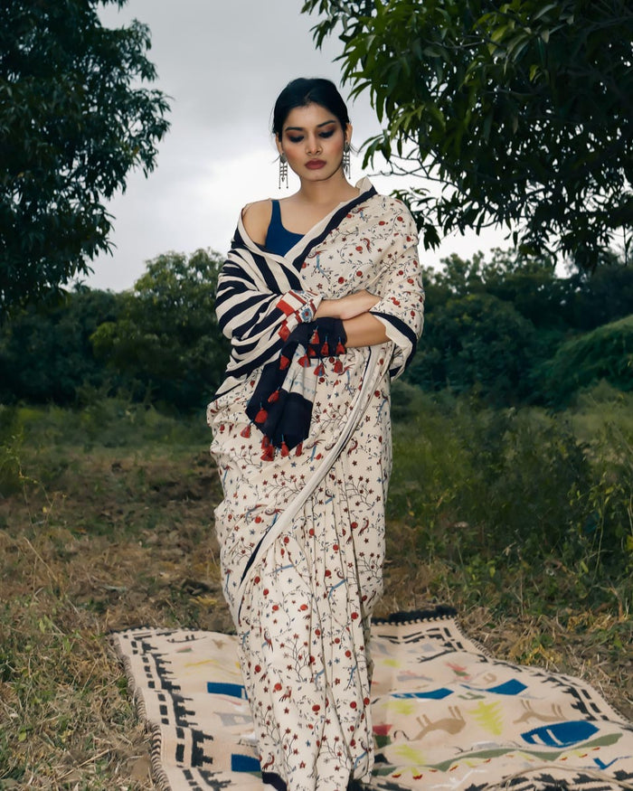 Ajrakh Cotton hand block printed saree