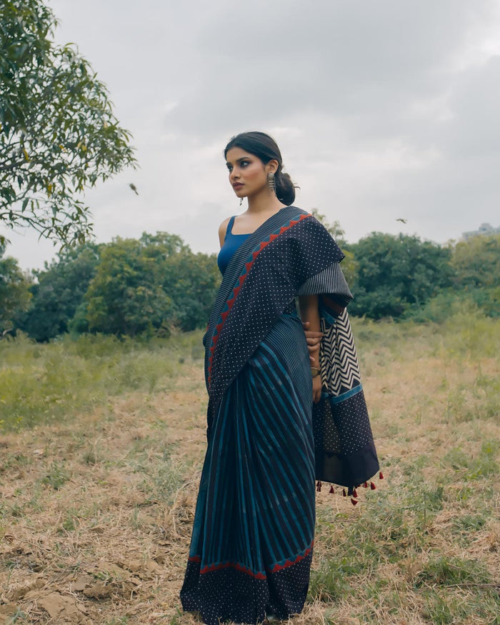 Ajrakh Cotton hand block printed saree