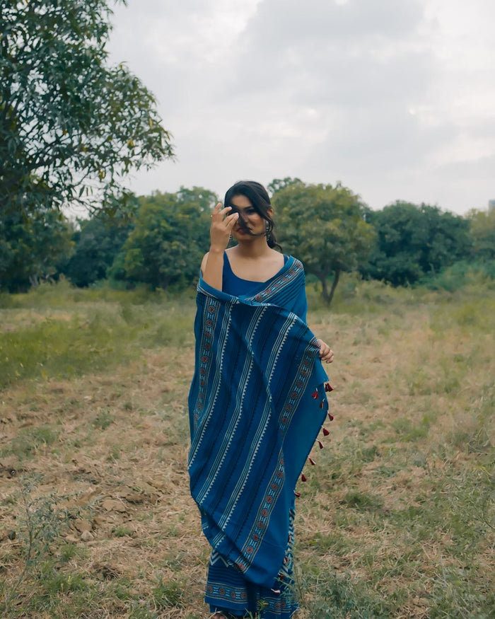 Ajrakh Cotton hand block printed saree