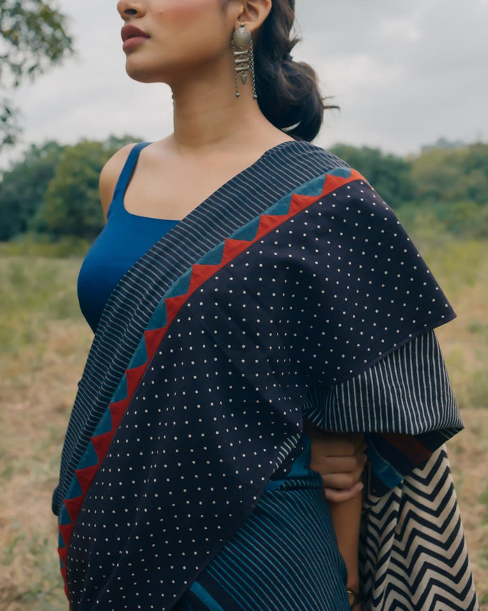 Ajrakh Cotton hand block printed saree
