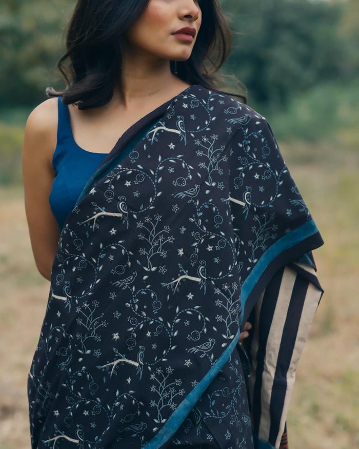 Ajrakh Cotton hand block printed saree