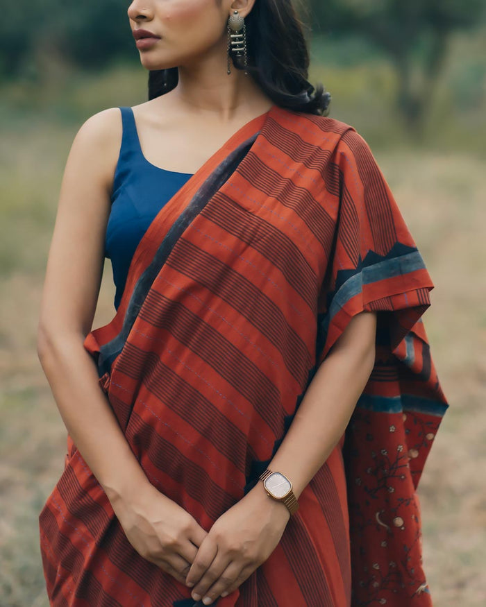 Ajrakh Cotton hand block printed saree