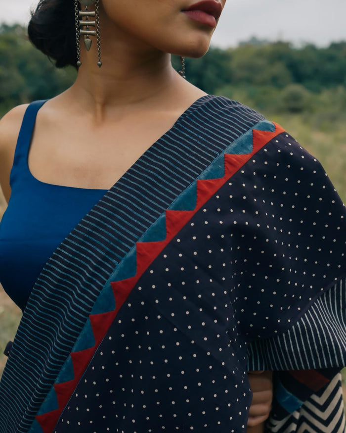 Ajrakh Cotton hand block printed saree