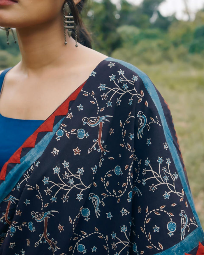 Ajrakh Cotton hand block printed saree