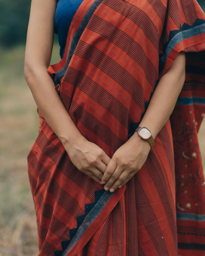 Ajrakh Cotton hand block printed saree