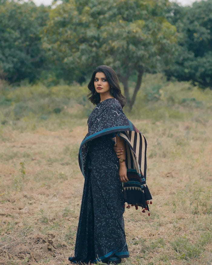 Ajrakh Cotton hand block printed saree
