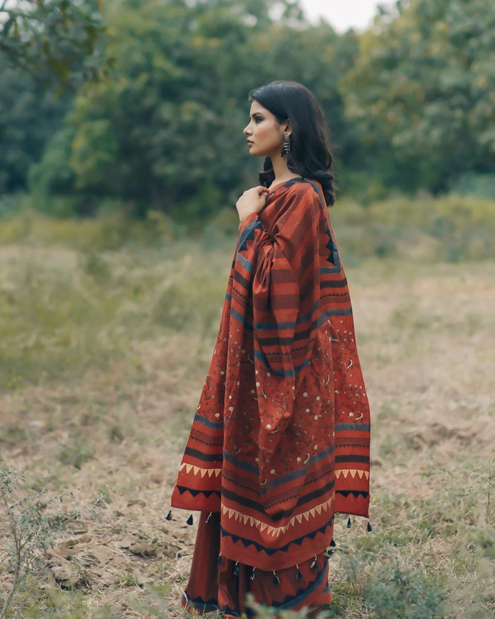 Ajrakh Cotton hand block printed saree