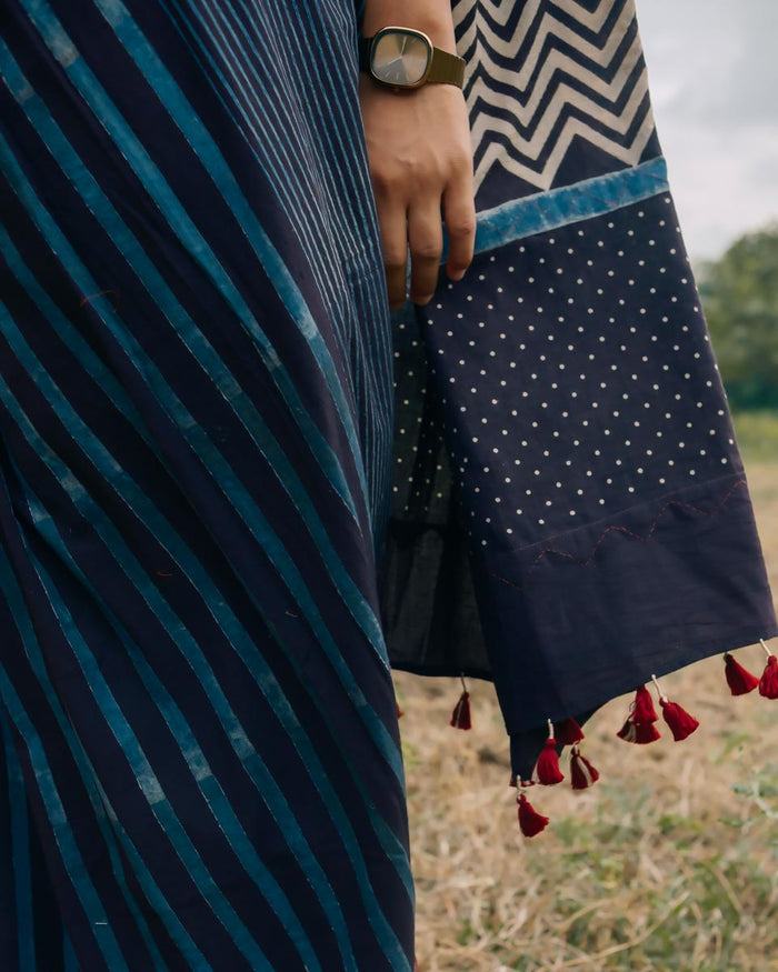 Ajrakh Cotton hand block printed saree