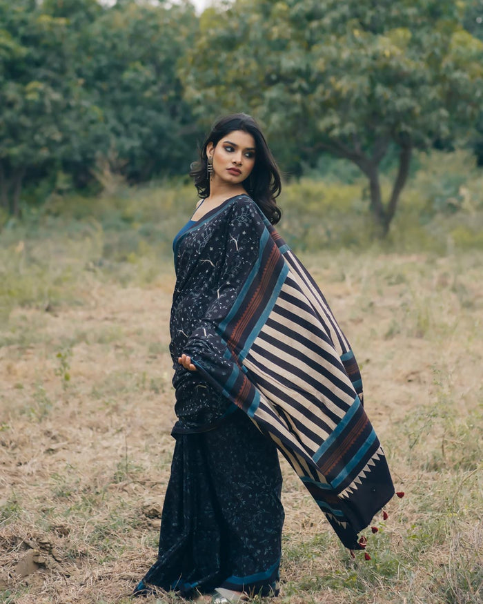 Ajrakh Cotton hand block printed saree