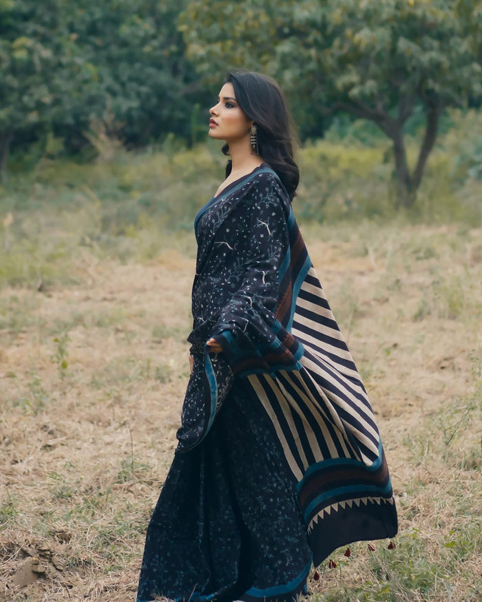 Ajrakh Cotton hand block printed saree