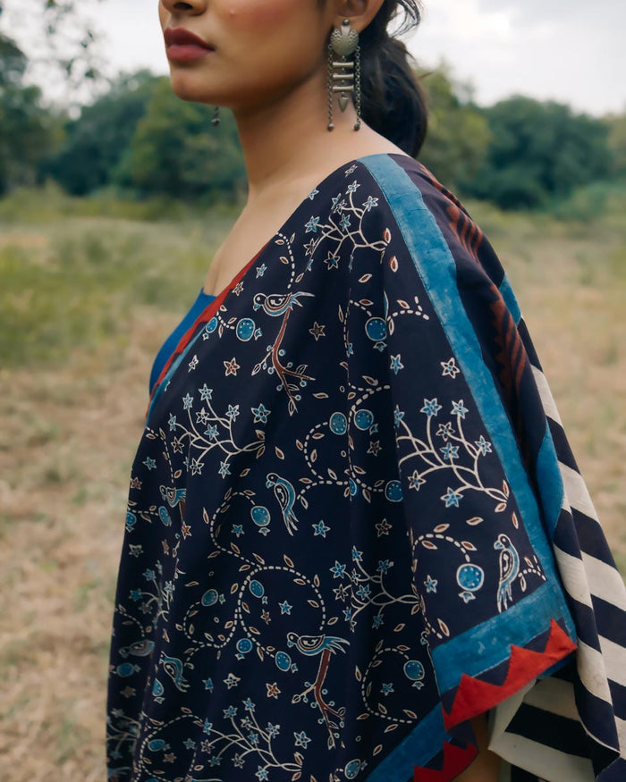 Ajrakh Cotton hand block printed saree