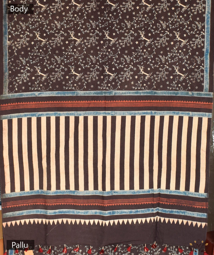 Ajrakh Cotton hand block printed saree