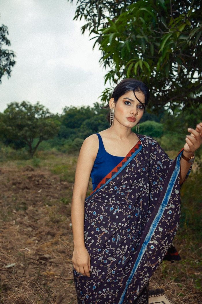 Ajrakh Cotton hand block printed saree