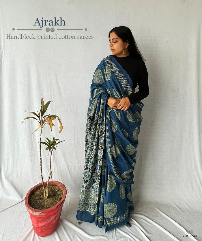 Ajrakh Cotton Handblock Printed Saree