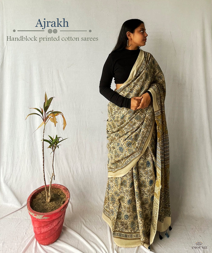 Ajrakh Cotton Handblock Printed Saree