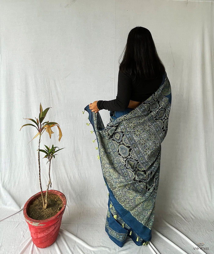 Ajrakh Cotton Handblock Printed Saree