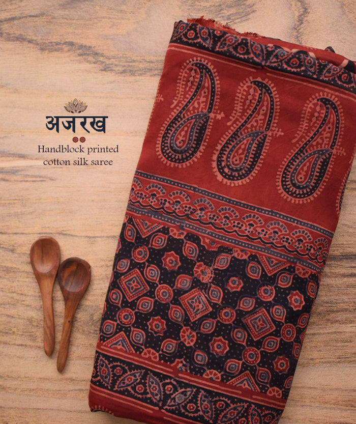 Ajrakh cotton Silk hand block printed saree