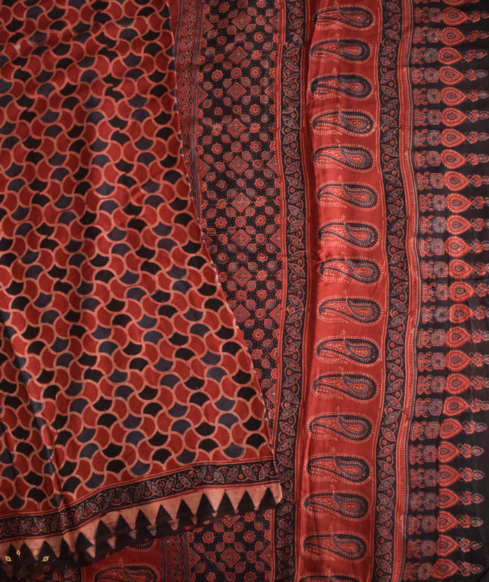Ajrakh cotton Silk hand block printed saree