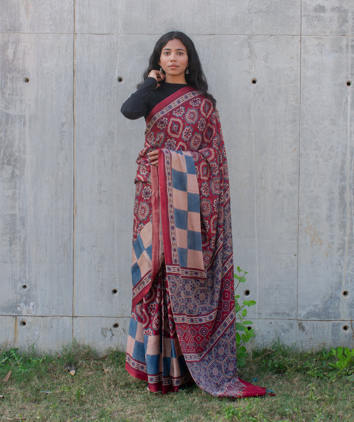 Ajrakh Gajji silk hand block printed saree
