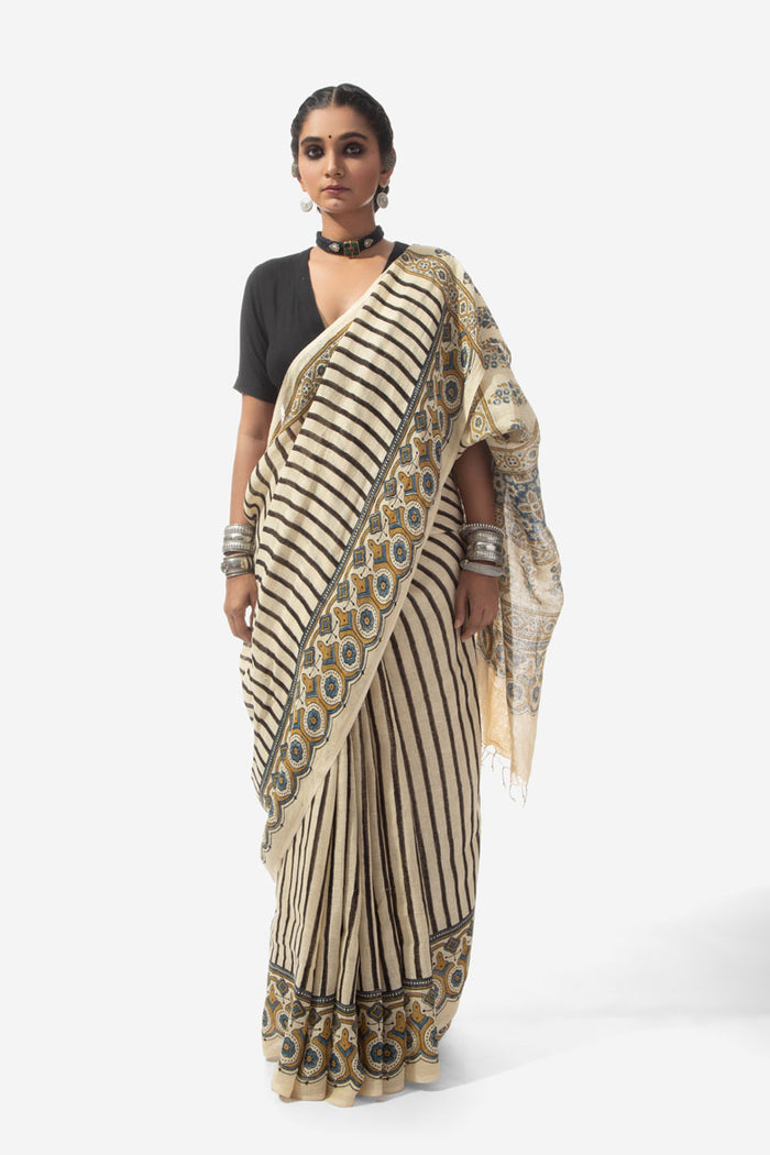 Ajrakh Handwoven Linen hand block printed saree