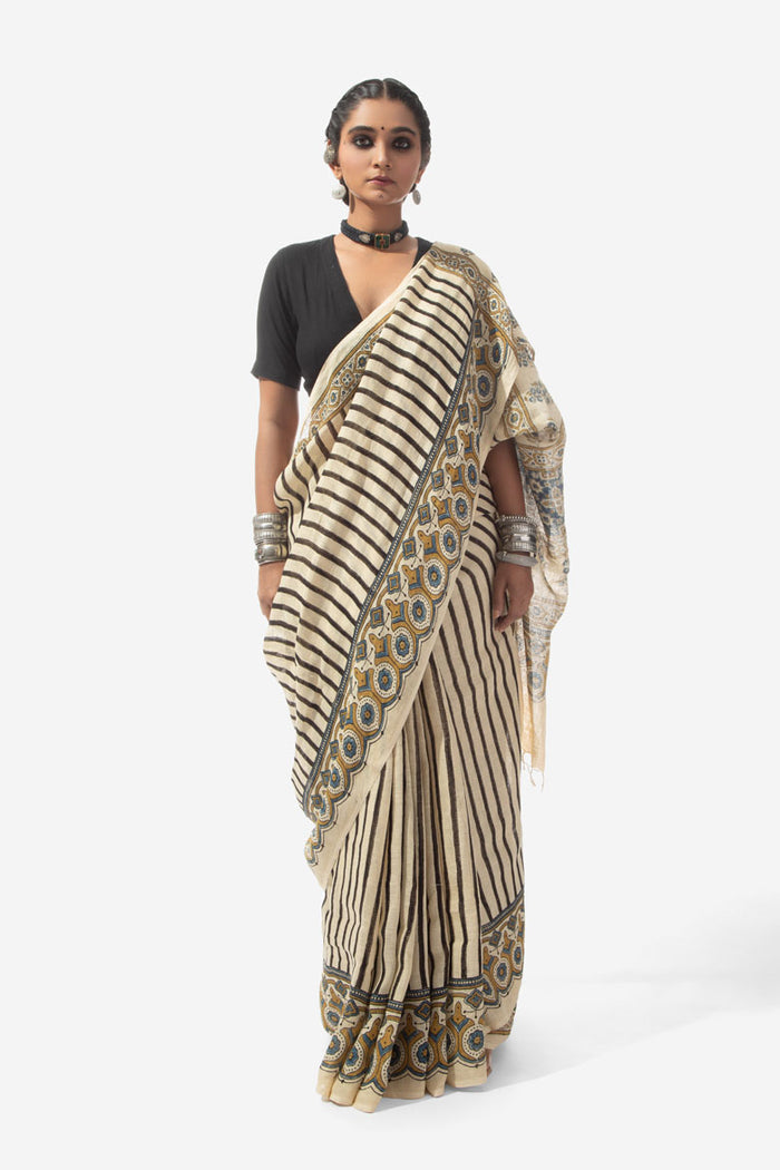Ajrakh Handwoven Linen hand block printed saree