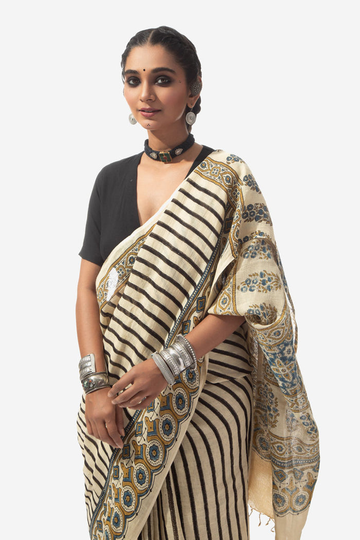 Ajrakh Handwoven Linen hand block printed saree
