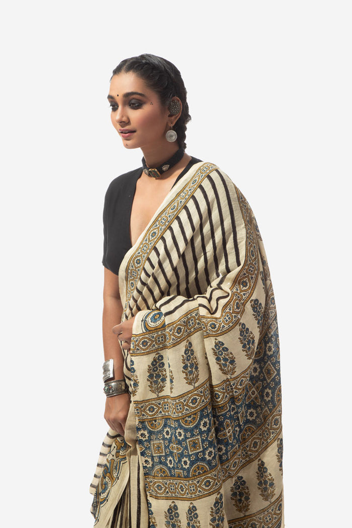 Ajrakh Handwoven Linen hand block printed saree