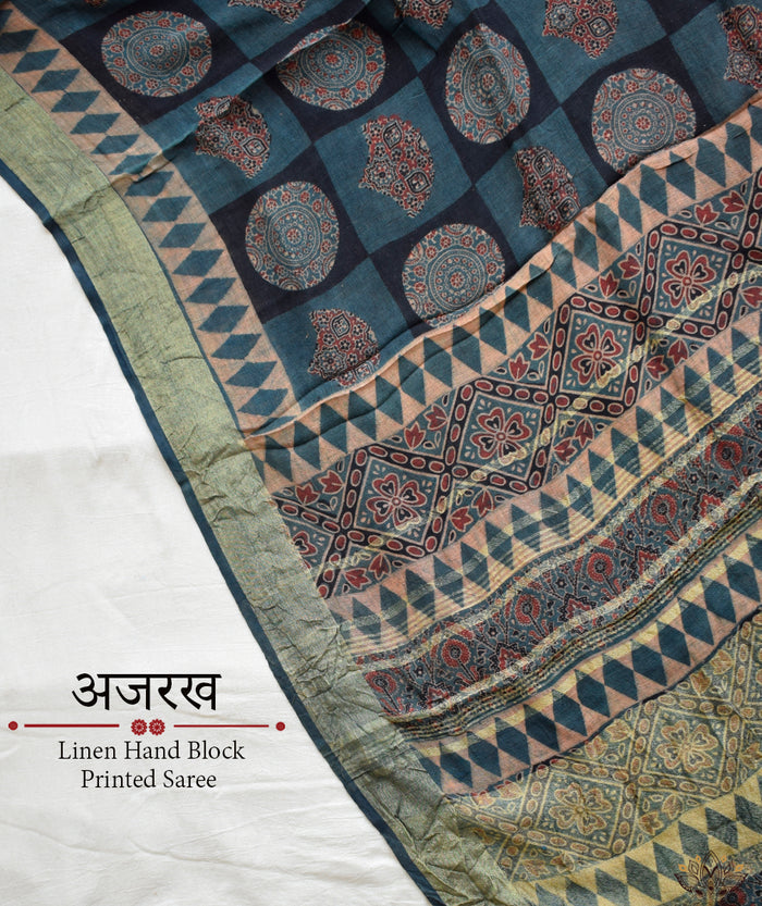 Ajrakh Handwoven Linen handblock printed saree