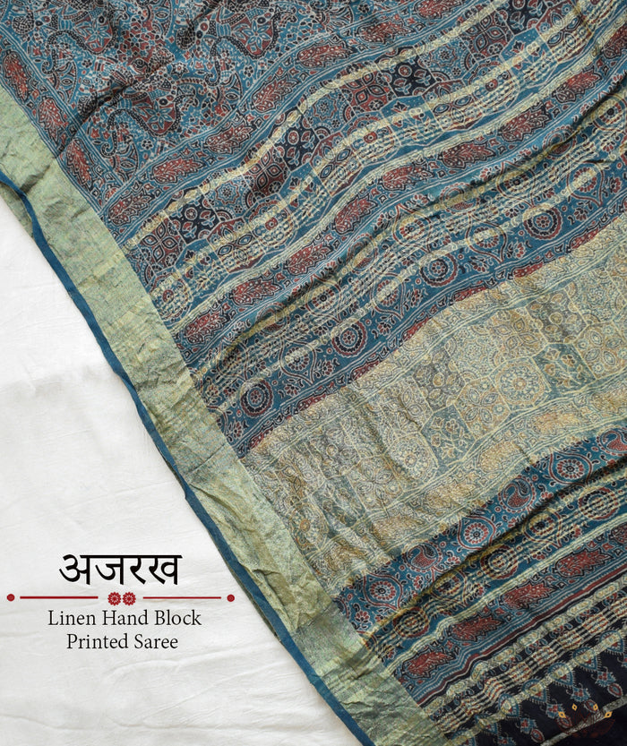 Ajrakh Handwoven Linen handblock printed saree