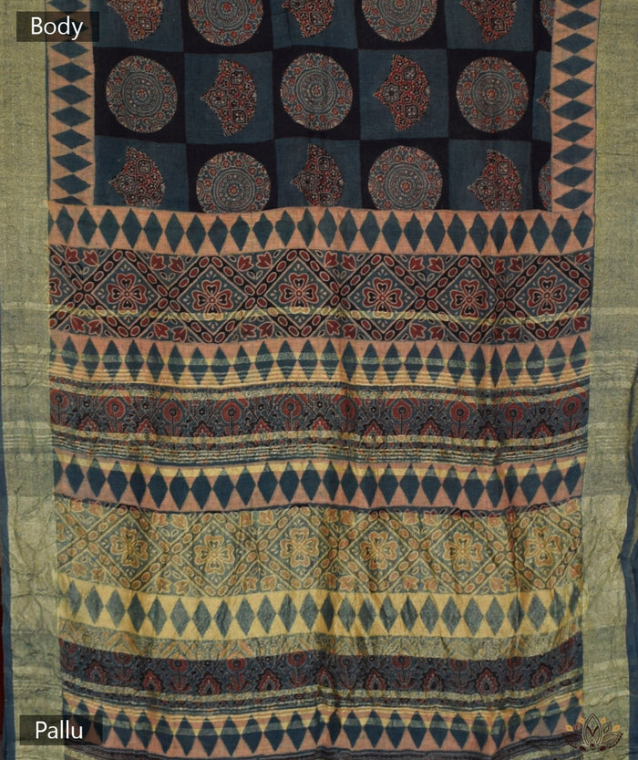 Ajrakh Handwoven Linen handblock printed saree