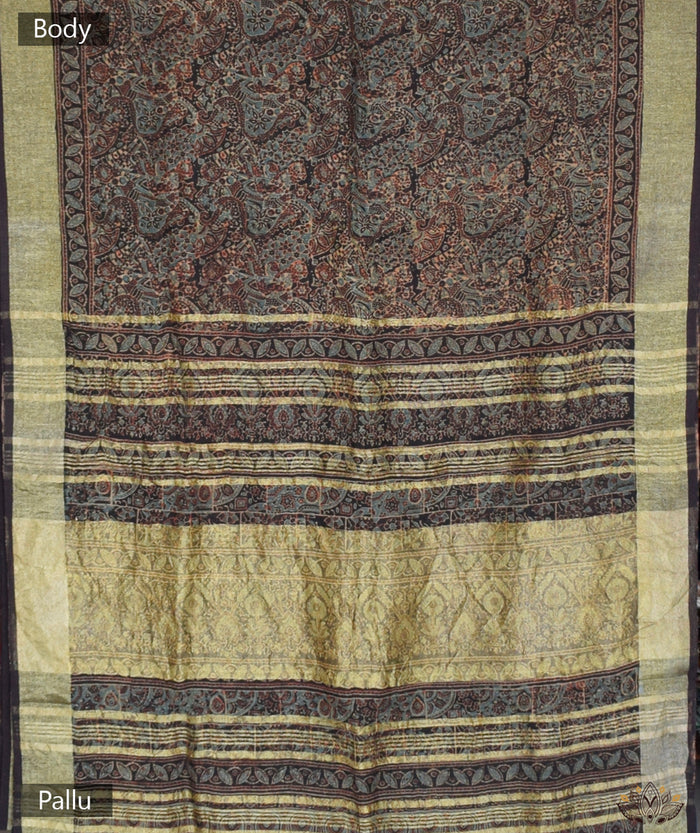 Ajrakh Handwoven Linen handblock printed saree