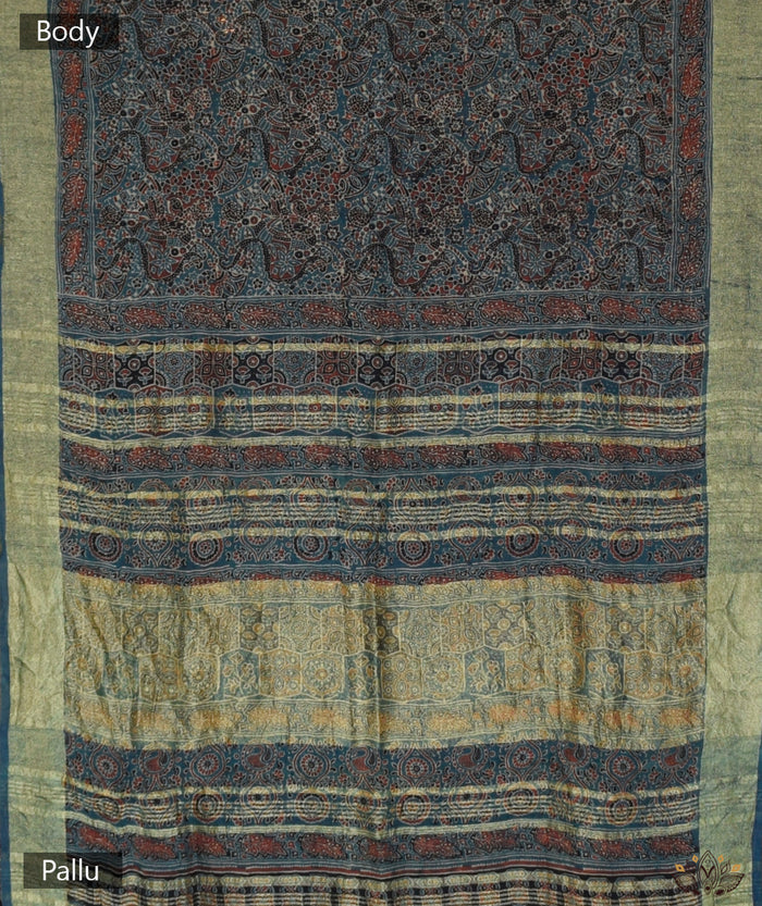 Ajrakh Handwoven Linen handblock printed saree
