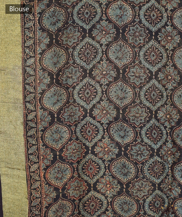 Ajrakh Handwoven Linen handblock printed saree