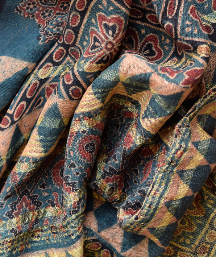 Ajrakh Handwoven Linen handblock printed saree