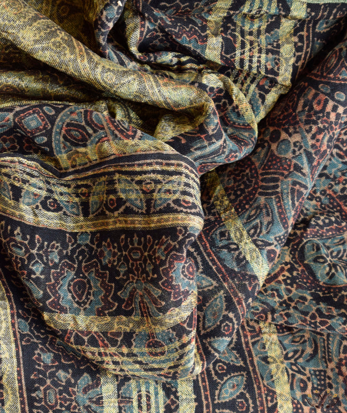 Ajrakh Handwoven Linen handblock printed saree