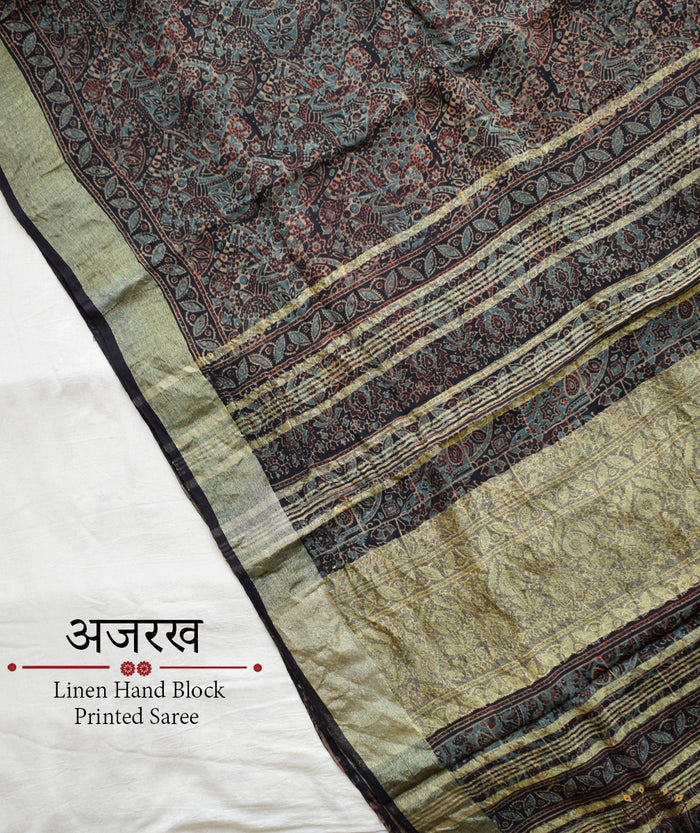 Ajrakh Handwoven Linen handblock printed saree